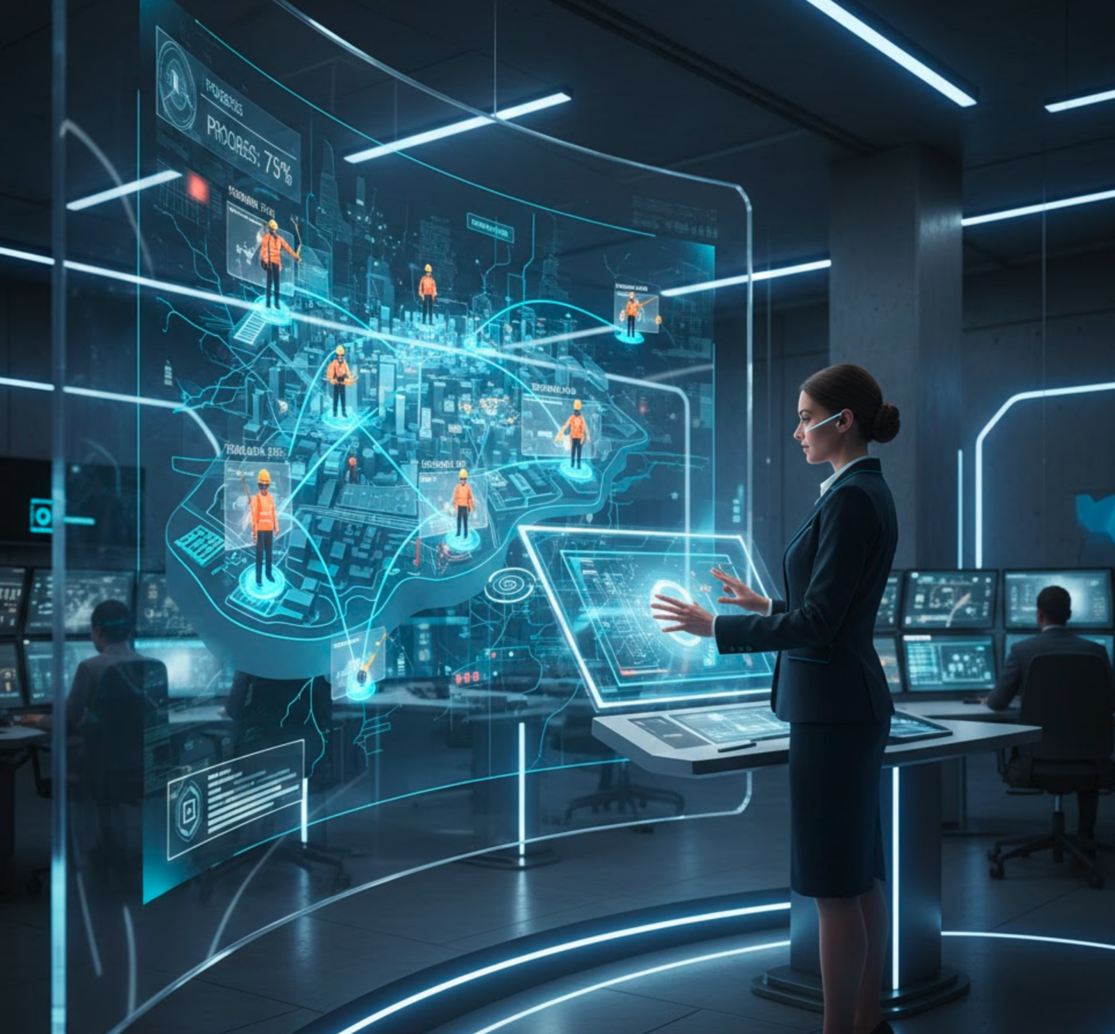 Manager in un centro di controllo moderno che visualizza una mappa 3D con squadre di operai attive in diversi cantieri. Stile: Professionale, B2B, futuristico.