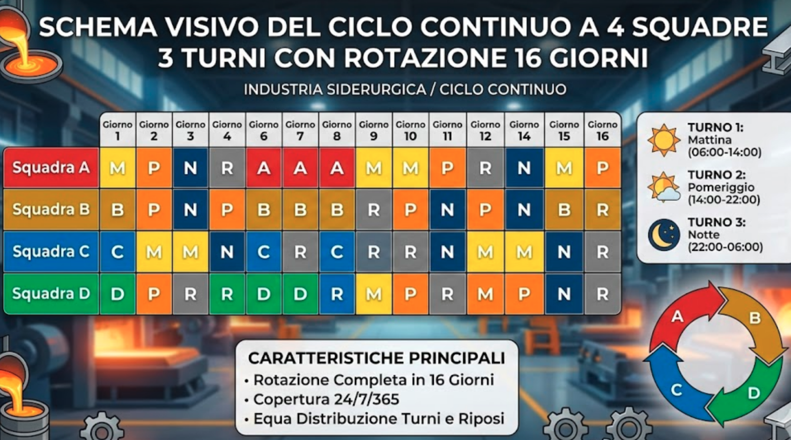 schema turni ciclo continuo 4 squadre siderurgia industria pesante