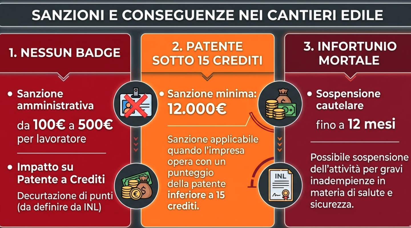 sanzioni mancanza badge cantiere patente a crediti decurtazione 2026
